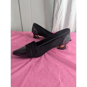 Black patent leather and faux suede heels womens dress shoes glitter heel 43